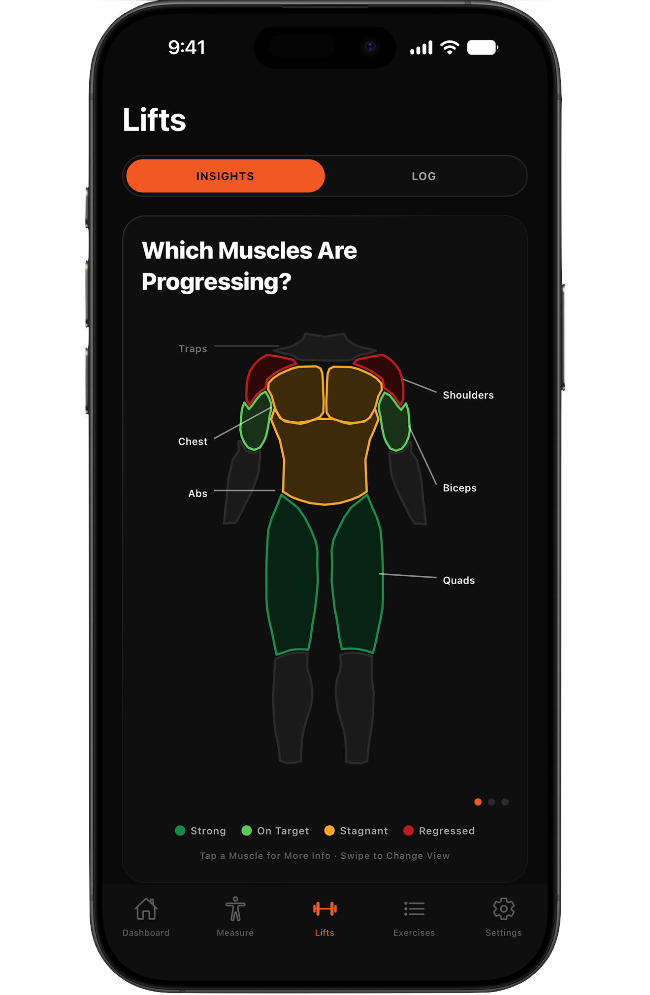 Full-body muscle map with per-muscle progression grades