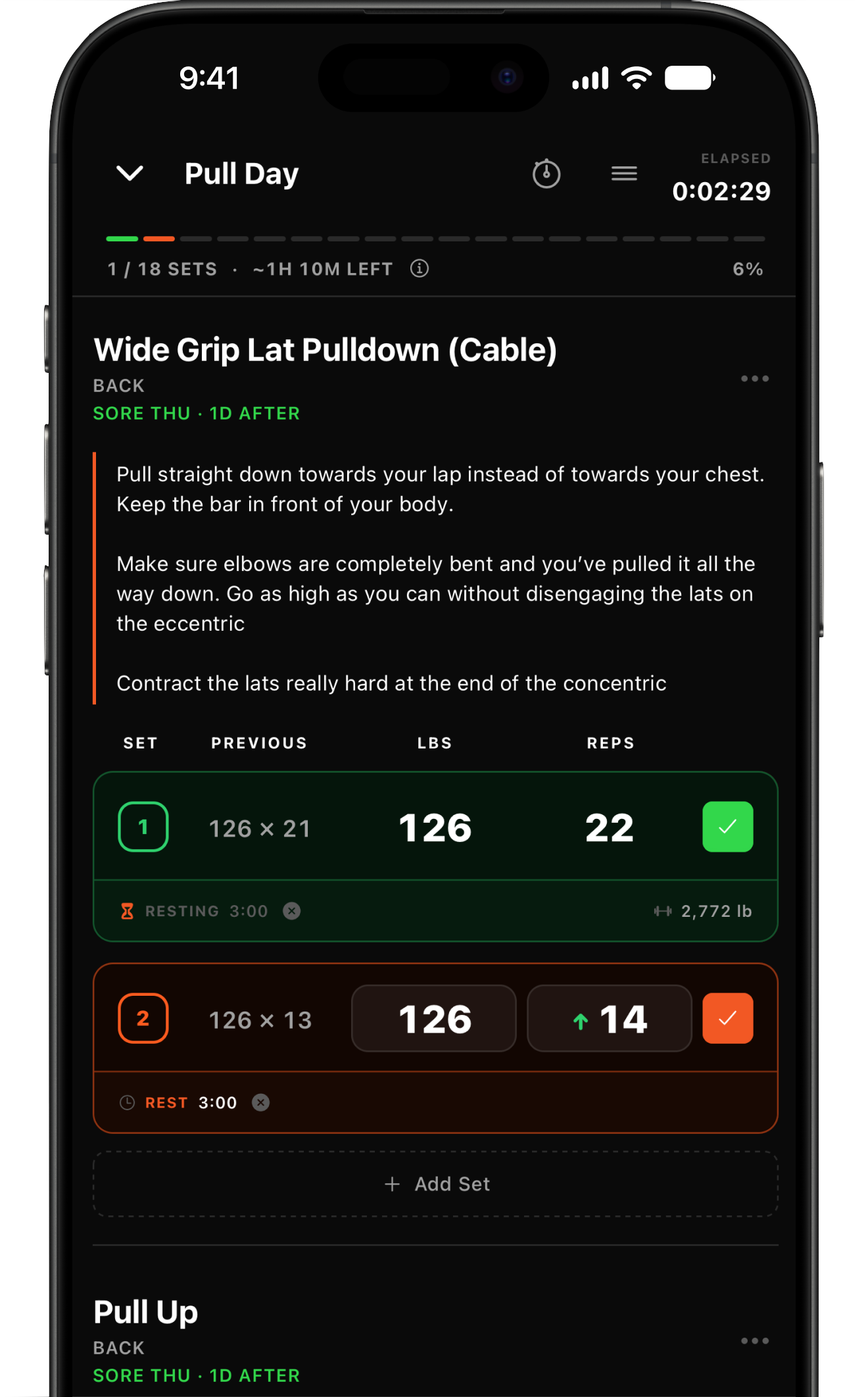 The set logger mid-workout with a running rest timer